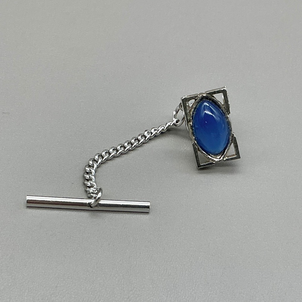 Hickok Tie Tack Vintage Blue Glass Cabochon Silver Tone Chain Men's Accessory